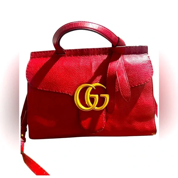 Gucci Calfskin Small GG Marmont Top Handle Bag in Vulcanic Red - Picture 2 of 16